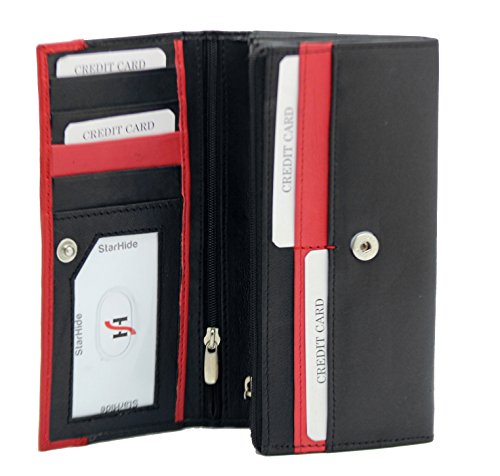 Ladies Luxury Soft Black Red Real Napa Leather Long Flap-over Purse Multi Credit Card Wallet with 2 Inner Zip pocket # 370