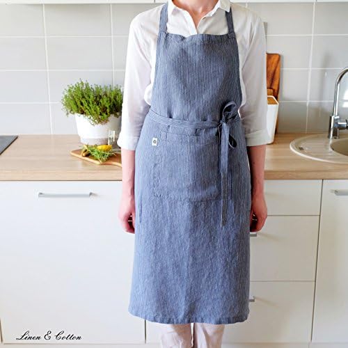 Linen & Cotton Apron for Women Men Chef MasterChef Livi - 100% Stonewashed Linen, Blue White (66 x 100cm (26.4'' x 40'')) Comfortable Multifunctional Striped Long Bib Apron for Kitchen Cooking Baking