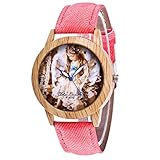 Frauen Armbanduhr, Modischem Quarz Bewegung Süße Mädchen Bild Zifferblatt Holz Außenring Armbanduhr Denim Gurt, Rose