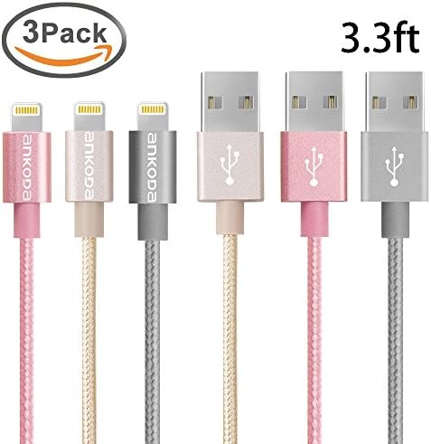 Ankoda® 3Pack 3.3ft/1M Nylon Braided Lightning to USB Cable, Lightning Data Sync &amp; Charge USB Cable for iPhone SE 6S 6S Plus 6 6Plus 5S 5C 5, iPad Air Air 2 mini2 mini3 4th, iPod Nano, iPad Pro and More (Mix Color)