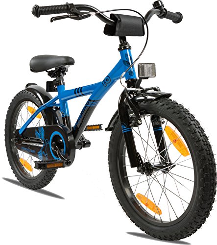 PROMETHEUS Kinderfahrrad 18 Zoll Jungen in Blau & Schwarz mit Seitenständer | V-Brake und Rücktrittbremse | ab 6 Jahren | 18" BMX Edition 2017
