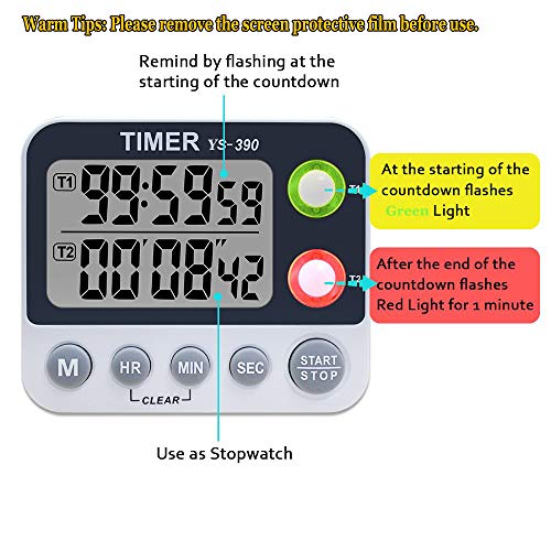 XREXS Digitaler Dual Küchentimer, Alarm Einstellbar Volumen Timer, Kochen Timer, Stoppuhr, Große LCD Anzeige Count Up Down Timer für Blinken Meeting Klasse, Magnetische RÜckseite, Batterien Enthalten - 2