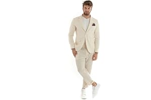 GIOSAL Outfit Uomo Abito Completo Lino Giacca Monopetto Pantalone Classico Tinta Unita Taschino a Pochette