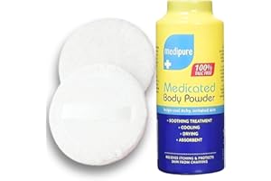 IMPRESSIVE Medipure Medicated Body Powder - Helps Cool Itchy, Irritated Skin 100% Talc Free (200g), Including 2X Body Powder Puffs