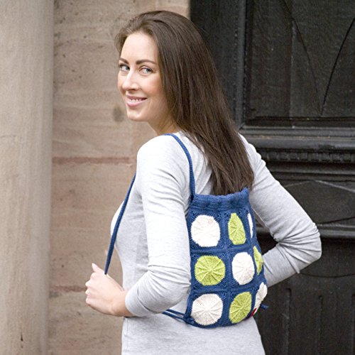 Tasche Häkeln * Häkel Set Rucksack Sunny Spread * Granny Squares häkeln – Häkelpackung mit 5 Knäuel Baumwolle Cotton pure in blau/weiß/grün + Häkelanleitung + GRATIS MyOma Label – Häkelpackung - 2