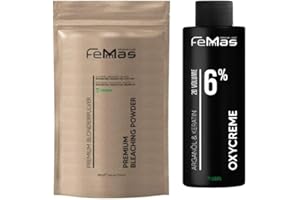 ‎FEMMAS FemMas Blondier-Set: Premium Blondierpulver 100g & Oxycreme 100ml| Perfektes Starter Set für blonde Haare | für bis zu 9 Tonstufen hellere Haare in Salon Qualität (Blond, 6%)