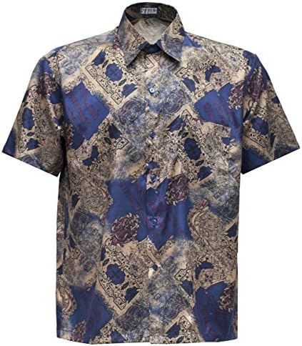 Men's Shirt Short Sleeve Thai Silk Patterned Classic Gold (M)
