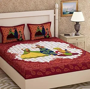 A ONE MARTCotton Double Bedsheet in Rajasthani Traditional Dancing Girl Print with 2 Pillow Covers King Size 100 X 100 Inches- Maroon Colour