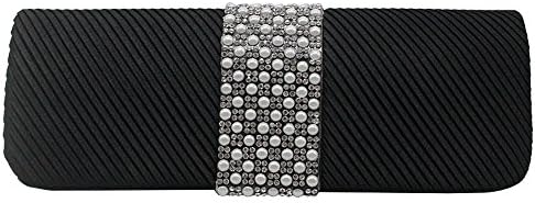 Wocharm Womens Folds Satin Pearl Wedding Party Prom Clutch Bride Handbags Purse (Black)