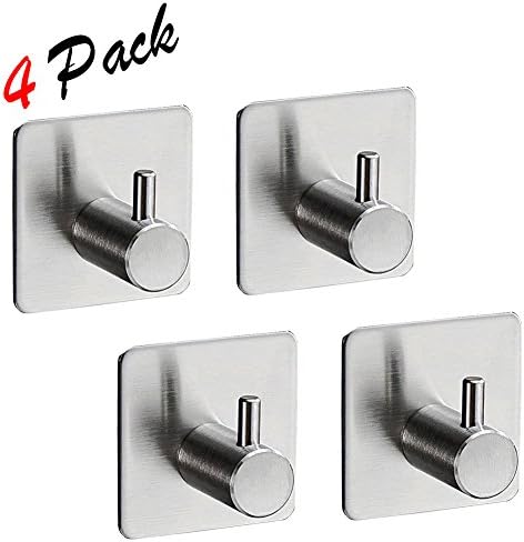 Kitchen Adhesive Hook 304 Stainless Stick-on Hooks,3M Strong Adhesive Wall Hanger,Heavy Duty Utensil Hooks Max Support 3Kg,No Drill Wall Hook for Coat,Tea Towel,Keys,Hat etc (Single hook-4ps)