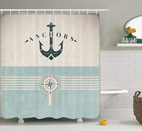 Artsy Shower Curtain Ocean Decor by Minsoku, Nautical Anchor Sailor Sea Directions Antiqued Theme Like Beauty Home Bath Decorative Marine Bathroom Fashion Polyester Fabric Beige Turquoise Black