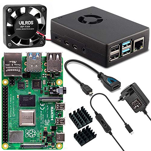Vilros Raspberry Pi 4 Model B Basic Starter Kit con Carcasa de Metal con Ventilador - Contenido: Raspberry Pi 4 Modelo B con 5 Accesorios Esenciales Negro Negro 2 GB