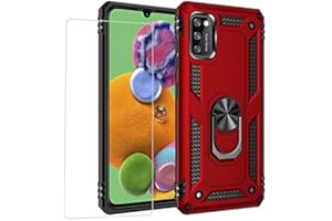 Joytag Compatible with Samsung A41 Case, Mobile Phone Case + Tempered Glass Film Silicone TPU 360 Degree Rotating Ring Holder Magnetic Car Phone Case Red