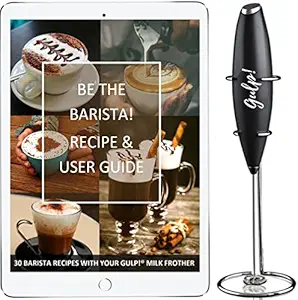 gulp Milk Frother with 30 Barista Recipes ebook, Battery Operated Electric Foam Maker Mixer Hand Blender for Coffee, Stainless Steel Whisk and Stand
