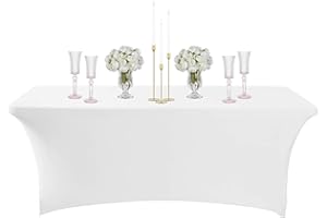 COSORO 6ft Spandex Tablecloths Stretchable Tablecloth White for Rectangle Table,Washable Fitted Table Cloth Spandex Stretch Patio Table Cover for Event,Wedding,Banquet,Halloween Party,Covering Stalls