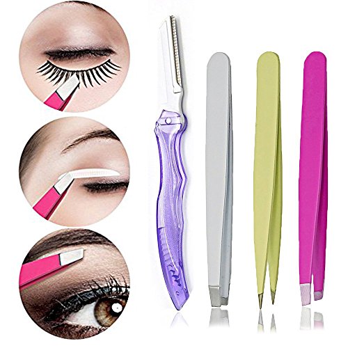 Pinkiou Eyebrow Tweezers Set Stainless Steel Tweezers, Slant, Straight ,Pointed and Eyebrow Razor with Black Case