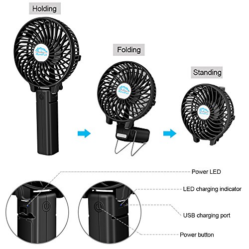 USB Ventilator BENGOO 18650 Akku Mini Handventilator Kleiner Lüfter, Faltbar Handlich Elektrisch Wiederaufladbar, Optimal für Mini-Chargeable Portable Laptop Schlafzimmer Büro Draußen Reisen Camping Picknicks, Schwarz - 4