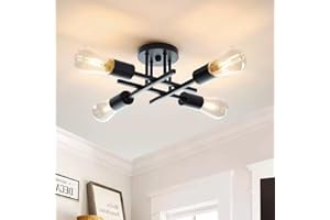 GOECO Sputnik Lustre, E27 Plafonnier Industriel Noir, 4 Lumières Moderne Plafonnier Lustre Luminaire Industriel en Metal, Lampe de Plafond Vintage pour Salon, Chambre, Cuisine, Bar, Café (Sans Ampoules)