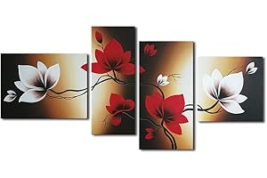 Wieco Art - the Back Full Bloom in Spring Red Flowers 4 Piece 100% Hand Painted Flowers Artwork Floral Oil Paintings on Canvas Wall Art for Living Room Bedroom Home Decorations