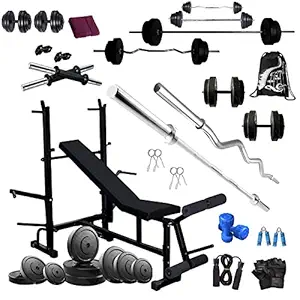 BodyFit 100kg Weight Plates, Fitness Exercise Set, Home Gym Set Equipment with Bench (8IN1)