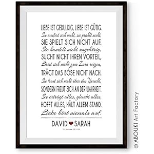 ABOUKI Traumpaar Nr. 9 - Das Hohelied der Liebe, Korinther, personalisierter Kunstdruck - ungerahmt - mit Wunschnamen auf Deutsch oder Englisch, Fine-Art-Print, Typografie, Poster, Bild, Druck als Geschenk-Idee zum Geburtstag, Valentinstag, Jahrestag, Hochzeit, Heirat, Verlobung, Ehe, Gastgeschenk