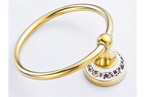 DRELD Anneau de Serviette Vintage en Acier Inoxydable Mural avec Base en Porcelaine, Élégant pour Salle de Bain, Cuisine, Douche (Doré, 157 mm)