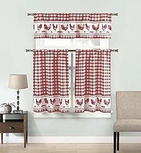 DUCK RIVER TEXTILES - Checkered Kitchen Window Curtain Set Hellen, 2 Tiers 29 X 36 Inch | 1 Valance 58 X 15 Inch, Black and White