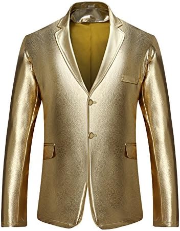 Moollyfox Men's Slim Fit Blazer Casual Two Button Blazer Jacket Coats Suit Jackets Gold XL