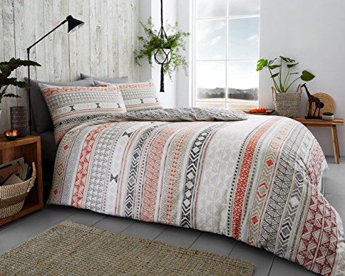 100% Brushed Cotton Flannel Flannelette Butterfly Stripes Warm Duvet Quilt Cover Bed Set Warm Cosy (Tribal Stripes Orange, Double)