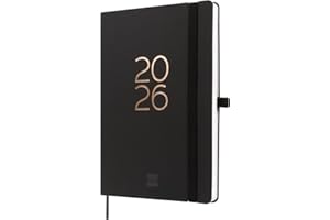 Finocam – Agenda 2026 Semaine sur 2 pages, Présentation verticale | Janvier – Décembre (12 mois) | Agenda A5 avec élastique et signet en ruban tissé | Couverture souple Capri - Noir - International