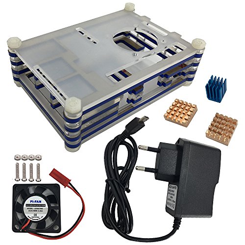 Haiworld 4 in 1 Profi-Kit für Raspberry & Himbeere Pi 3 2 und B +, Blau 9 Scheiben Schutzhülle hülle + 5V 2,5A Netzteil + Kühlung Lüfter + Kühlkörper
