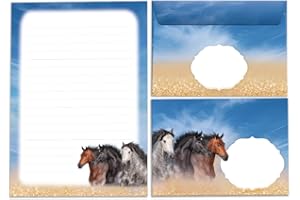 Junapack Set de papier à lettre pour fille avec 3 chevaux avec enveloppe pour enfants (bloc A5 de 25 feuilles + 15 enveloppes)