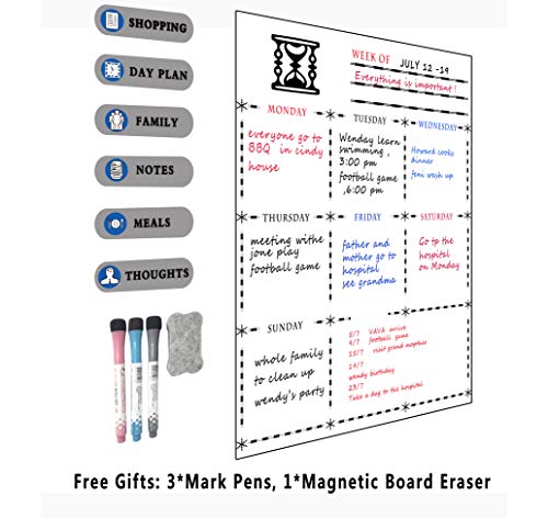 Villexun réfrigérateur Tableau Calendrier magnétique - Calendrier effaçable à Sec - Repas Semainier - 30 x 42 cm - Menu Semainier avec Liste de Courses et des Notes