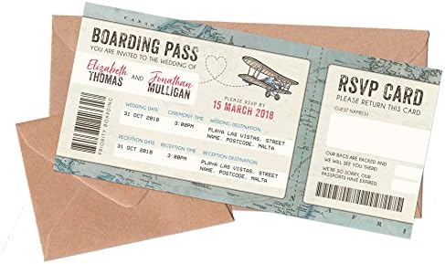 Set of 10 x Wedding Boarding Pass Tickets and envelopes, Vintage Travel wedding invitation, Travel invite, Destination wedding invitation, RSVP + Envelope