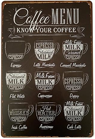 IPEKOO Coffee Menu Know Your Coffee Tin Sign Wall Retro Metal Bar Pub Poster Metal 12 X 8