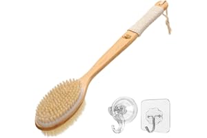 DSL DAILY SUPPLY LTD. DSL Back Scrubber for Shower with Long Handle – Natural Bamboo Dual-Sided Body Brush, Soft & Stiff Bristles for Exfoliating, Deep Cleansing & Massage, Includes Hanging Rope & Hook