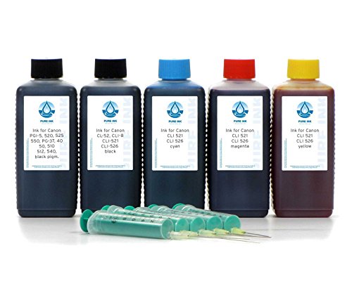 5x100 ml PureInk Refill Ink, Printer Ink compatible for Canon PGI-520, PGI-525, CLI-521, CLI-526 Printer Cartridges, Pixma IP 3600, IP 4600, IP 4700, IP 4850, IP 4950, IX 6550, MG 5140 (non OEM)