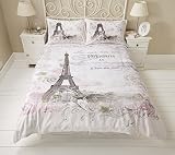 LUXURY PARIS EIFFEL TOWER FLORAL FLOWERS ROSES CALLIGRAPHY SCRIPT REVERSIBLE DUVET SET QUILT COVER BEDDING (Single)