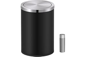 Mbillion Small Trash Bin with Swing Lid 9 Liter, Mini Trash Can with lid, Stainless Steel Cylindrical Garbage Can for Home and Office Bathroom Bedroom, for Ground and Desktop(Black)