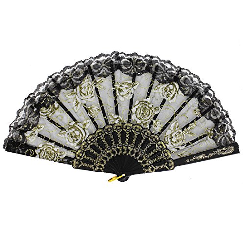 sourcingmap® Spanisch Rosen Muster Tanze Hochzeit Party Gewebe faltend Handventilator Schwarz