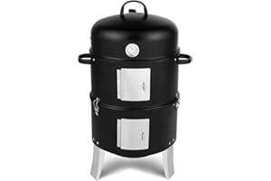 HOBBYZOO Vertical Steel Smoker BBQ Charcoal Barbecues with Temperature Gauge, Heavy Duty Double Layer Round BBQ Grill for Outdoor Cooking