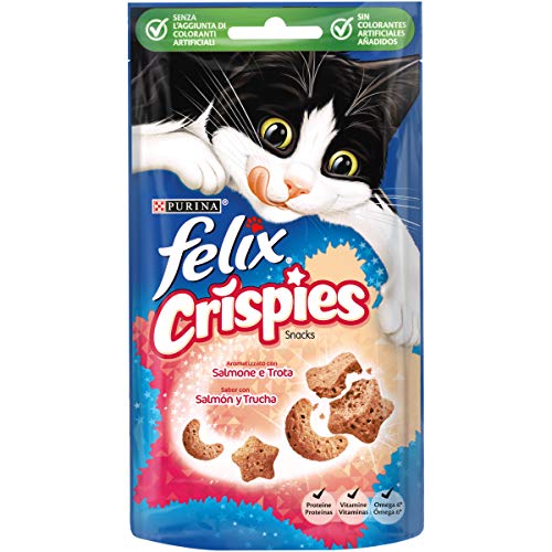 Purina Felix Party Mix Crispies Snacks, golosinas y chuches para gato Salmón y Trucha 8 x 45 g