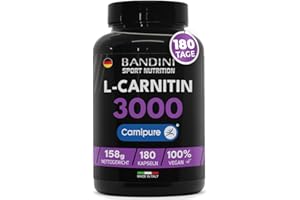 ‎BANDINI Bandini® L-CARNITIN Carnipure® 3000, 180 Kapseln, L-Carnitine, Sport-Supplement mit L Carnitin-Tartrat, reines Karnitin mit hoher Absorption und Bioverfügbarkeit, ohne Zusatzstoffe, 100% Vegan