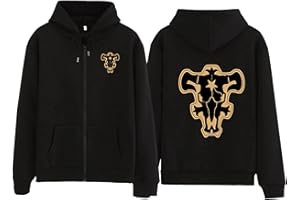 ACSEFIRE Sudadera con Cremallera de Anime Unisex Sudadera con Capucha de Manga Larga Cosplay de Black Clover Jersey Negro con el Emblema del Toro para fanáticos de Asta