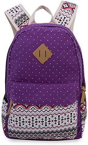 Girls Backpacks for School,WAWJ Ethnic Style Dot Canvas Laptop Travel Bag Schoolbag for Teens (Purple)