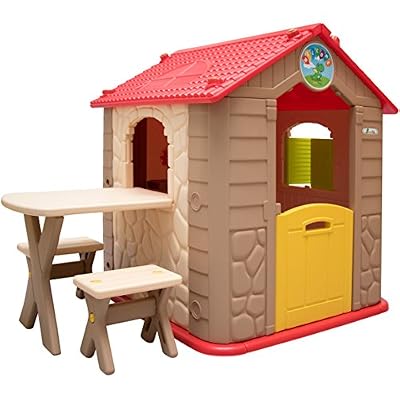 LittleTom Maison de Jeu de jardin en plastique Maisonnette pour Enfants incl 1 table 2 bancs Marron Beige