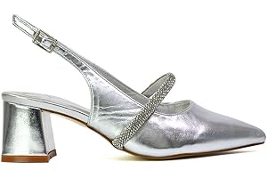 ESSEX GLAM Womens Low Heel Bridal Shoes Ladies Pull On Slingback Diamante Strap Wedding Party Pointed Toe Courts Pumps Size 3-8