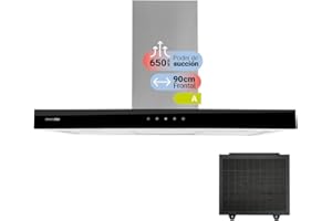 UNIVERSALBLUE Campana Extractora 90 cm en T y Frontal Cristal Negro | Potente Succión 650 m³/h | Extractor de Humos y Aire Eléctrico de Pared para Cocina | Luz LED y Control Táctil