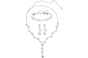 FFWTPY Ensemble de bijoux de mariage en argent Perle Parure Boucles d'oreilles Collier Bracelet Strass Boucle d'oreille Mariée Soirée Fleur Feuille Pendentif pour Femme et Fille