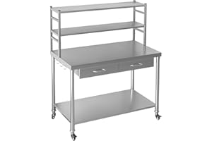UNIONLINE Stainless Steel Table with Wheels, Heavy Duty Commercial Food Preparation Work Tables with 2 Drawer & Undershelf for Restaurant, Home & Garage, 122x61x138cm
